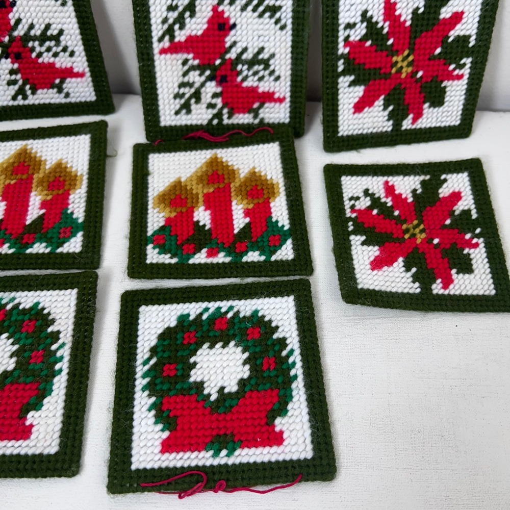 8 Handmade Christmas Needlepoint Coasters Cardinals Poinsettias Wreaths Candles - Picture 5 of 5